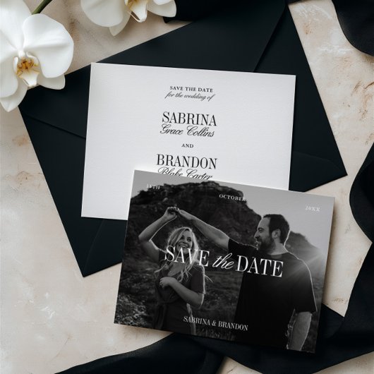 Elegant Photo Black & White Save the Date Card セーブザデート
