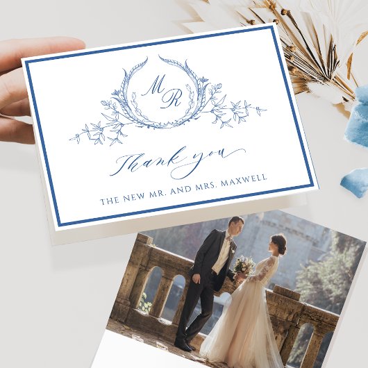 Elegant Photo, Blue Classic Monogram Wedding サンキューカード