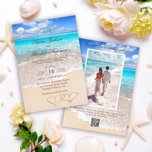 Elegant Photo Blue Ocean Tropical Beach Wedding 招待状