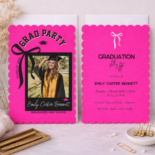 Elegant Photo Coquette Black Pink Bow Graduation  招待状