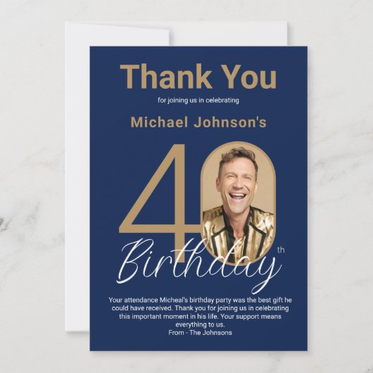 Elegant Photo Gold Navy Blue 40th Birthday  サンキューカード (正面)