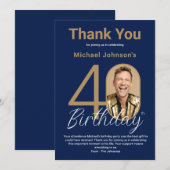 Elegant Photo Gold Navy Blue 40th Birthday  サンキューカード (正面/裏面)