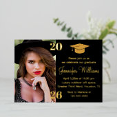 elegant photo graduation 2026 black & gold party  箔招待状 (立ち正面)