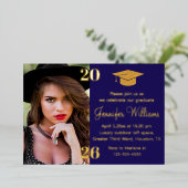 elegant photo graduation 2026 blue & gold party  箔招待状 (立ち正面)