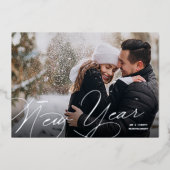 Elegant Photo Happy New Year Script Silver 箔シーズンカード (正面)