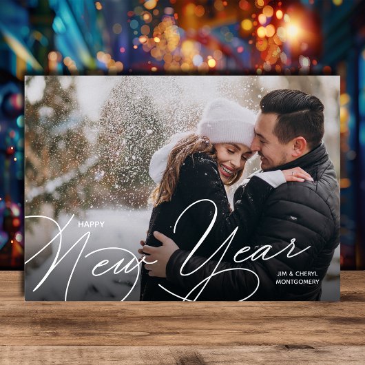 Elegant Photo Happy New Year Script Silver 箔シーズンカード