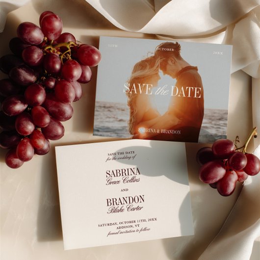 Elegant Photo Ivory & Burgundy Save the Date Card セーブザデート