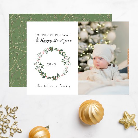 Elegant Photo Merry Christmas Wreath Green シーズンカード
