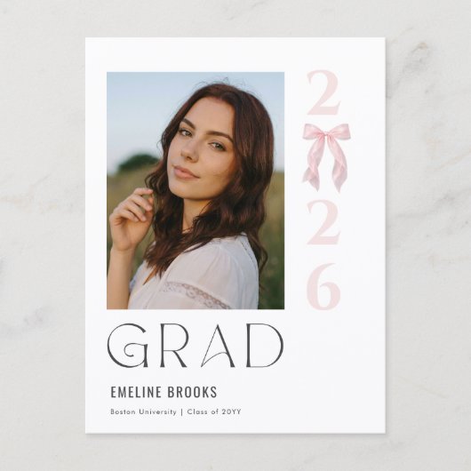 Elegant Photo Pink Bow Graduation Announcement ポストカード (正面)