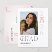 Elegant Photo Pink Bow Graduation Announcement ポストカード (正面/裏面)
