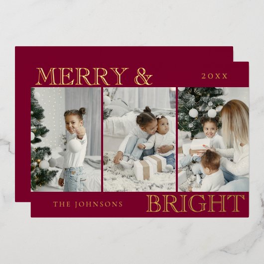 Elegant Photo | Red Merry and Bright Christmas 箔シーズンカード (正面/裏面)