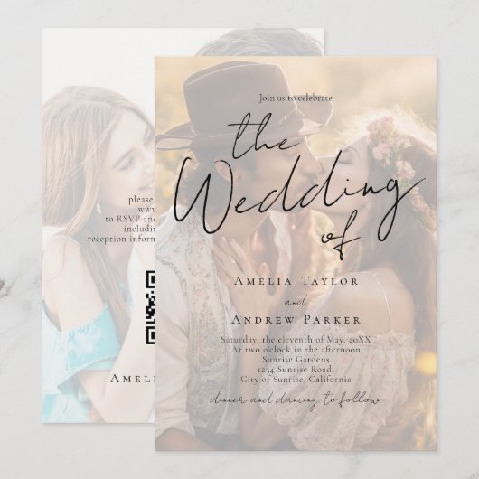 Elegant Photo Script Calligraphy QR Code Wedding 招待状 (正面/裏面)
