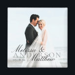 Elegant Photo Script Date Names Wedding Favor マグネット<br><div class="desc">Simple elegant photo magnet wedding favor or thank you gift. Customize the black script font typography overlay with your names and date.</div>