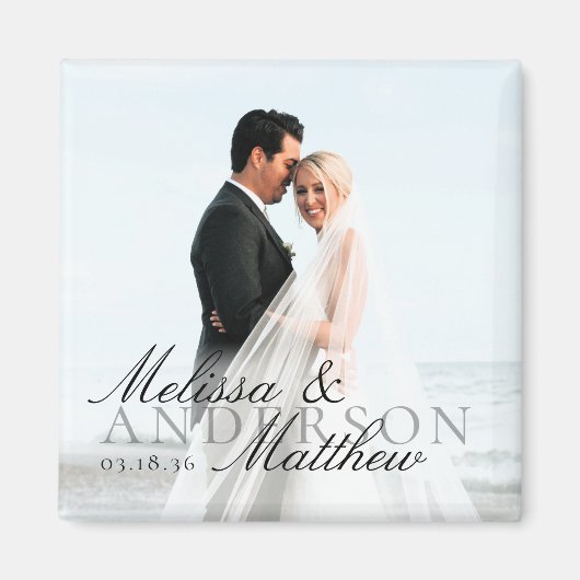 Elegant Photo Script Date Names Wedding Favor マグネット (正面)