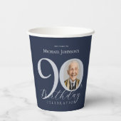 Elegant Photo Silver Navy Blue 90th Birthday 紙コップ (裏面)