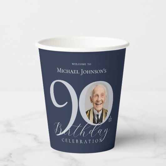 Elegant Photo Silver Navy Blue 90th Birthday 紙コップ (正面)