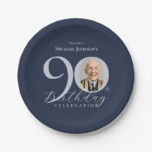 Elegant Photo Silver Navy Blue 90th Birthday Party