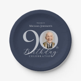 Elegant Photo Silver Navy Blue 90th Birthday Party ペーパープレート