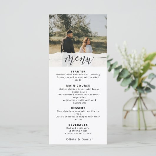 Elegant Photo Wedding Menu with Modern Script メニュー (スタンド正面)