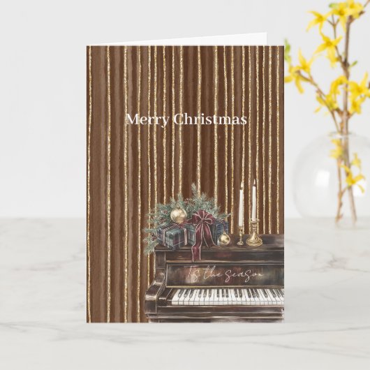 Elegant Piano Gold Brown Stripes Christmas カード (黄色い花)