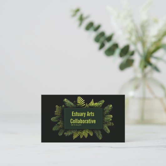 Elegant Pine Fern Evergreen Black Botanical 名刺 (スタンド正面)