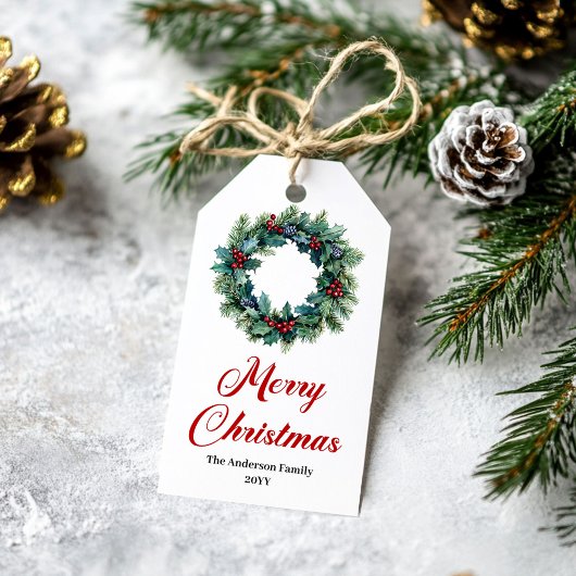 Elegant Pine Wreath Christmas Tag with Name ギフトタグ