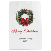 Elegant pine wreath gift bag red green gold tones ミディアムペーパーバッグ (正面)