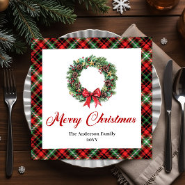 Elegant Pine Wreath Red Green Plaid Napkins