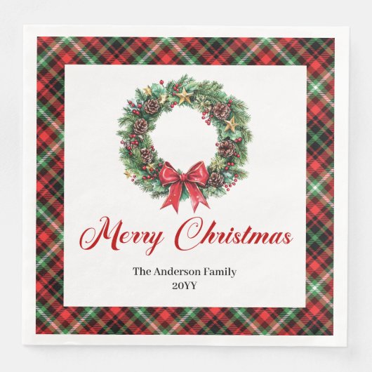 Elegant Pine Wreath Red Green Plaid Napkins (正面)