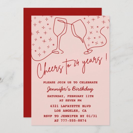 Elegant Pink 24th birthday invitations Cheers 招待状 (正面/裏面)