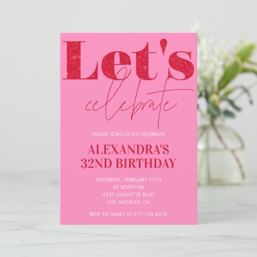 Elegant Pink 32nd birthday invitation Glitter Glam 招待状 (スタンド正面)