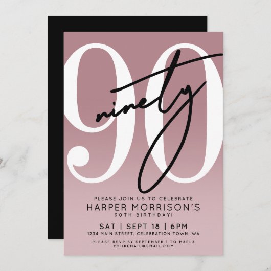 Elegant Pink 90th Birthday Party 招待状 (正面/裏面)
