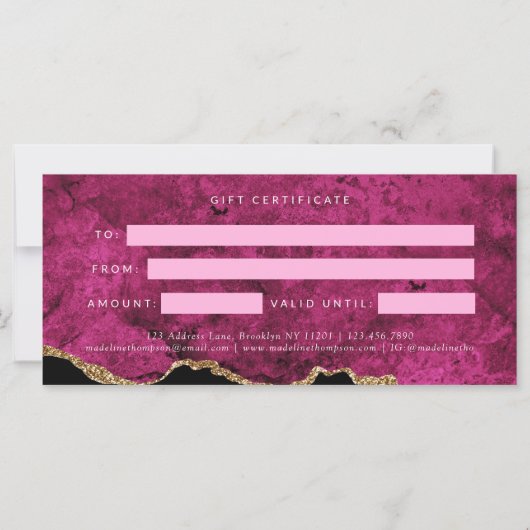Elegant Pink Agate Gift Certificate Gift Card (裏面)