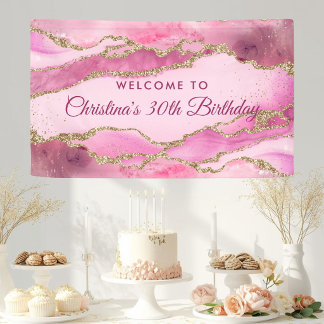 Elegant Pink and Gold Birthday Party Banner 横断幕