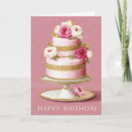 Elegant Pink And Gold Floral Birthday Cake カード