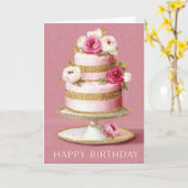 Elegant Pink And Gold Floral Birthday Cake カード (黄色い花)