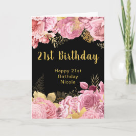 Elegant Pink and Gold Flowers Birthday カード