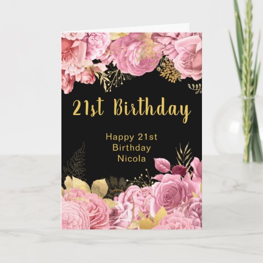 Elegant Pink and Gold Flowers Birthday カード (正面)