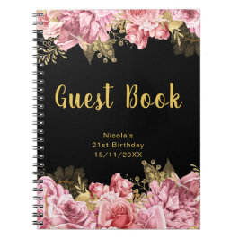 Elegant Pink and Gold Flowers Birthday Guest Book ノートブック