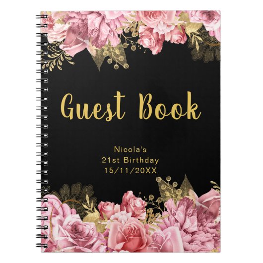 Elegant Pink and Gold Flowers Birthday Guest Book ノートブック (正面)