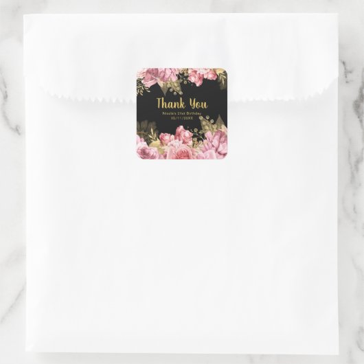 Elegant Pink and Gold Flowers Birthday Party スクエアシール (バッグ)