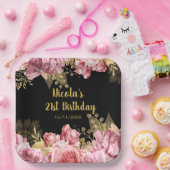 Elegant Pink and Gold Flowers Birthday Party ペーパープレート (パーティー)