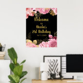 Elegant Pink and Gold Flowers Birthday Party  ポスター (ホームオフィス)