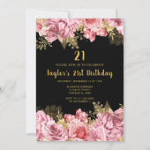 Elegant Pink and Gold Flowers Birthday Party 招待状 (正面)