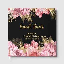 Elegant Pink and Gold Flowers Sweet Sixteen ゲストブック