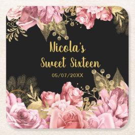 Elegant Pink and Gold Flowers Sweet Sixteen  スクエアペーパーコースター