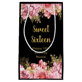 Elegant Pink and Gold Flowers Sweet Sixteen  スモールペーパーバッグ