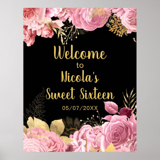 Elegant Pink and Gold Flowers Sweet Sixteen  ポスター (正面)