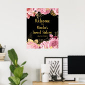 Elegant Pink and Gold Flowers Sweet Sixteen  ポスター (ホームオフィス)
