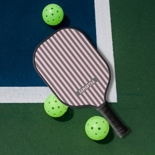 Elegant Pink and Gray stripes Monogrammed custom ピックルボールラケット